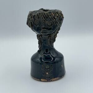 Vintage Green Glazed Human Head Bud Vase with Handle – Rustic Clay Hair Detail